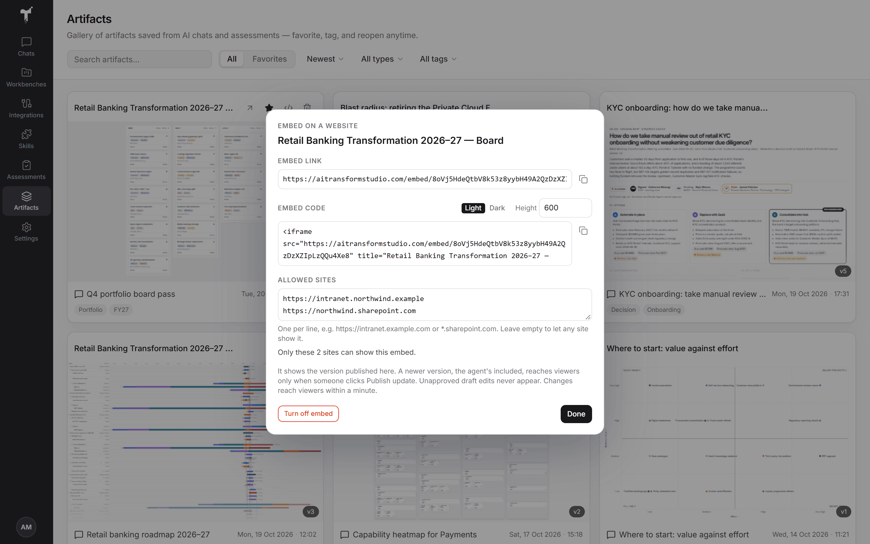 The Embed on a website dialog