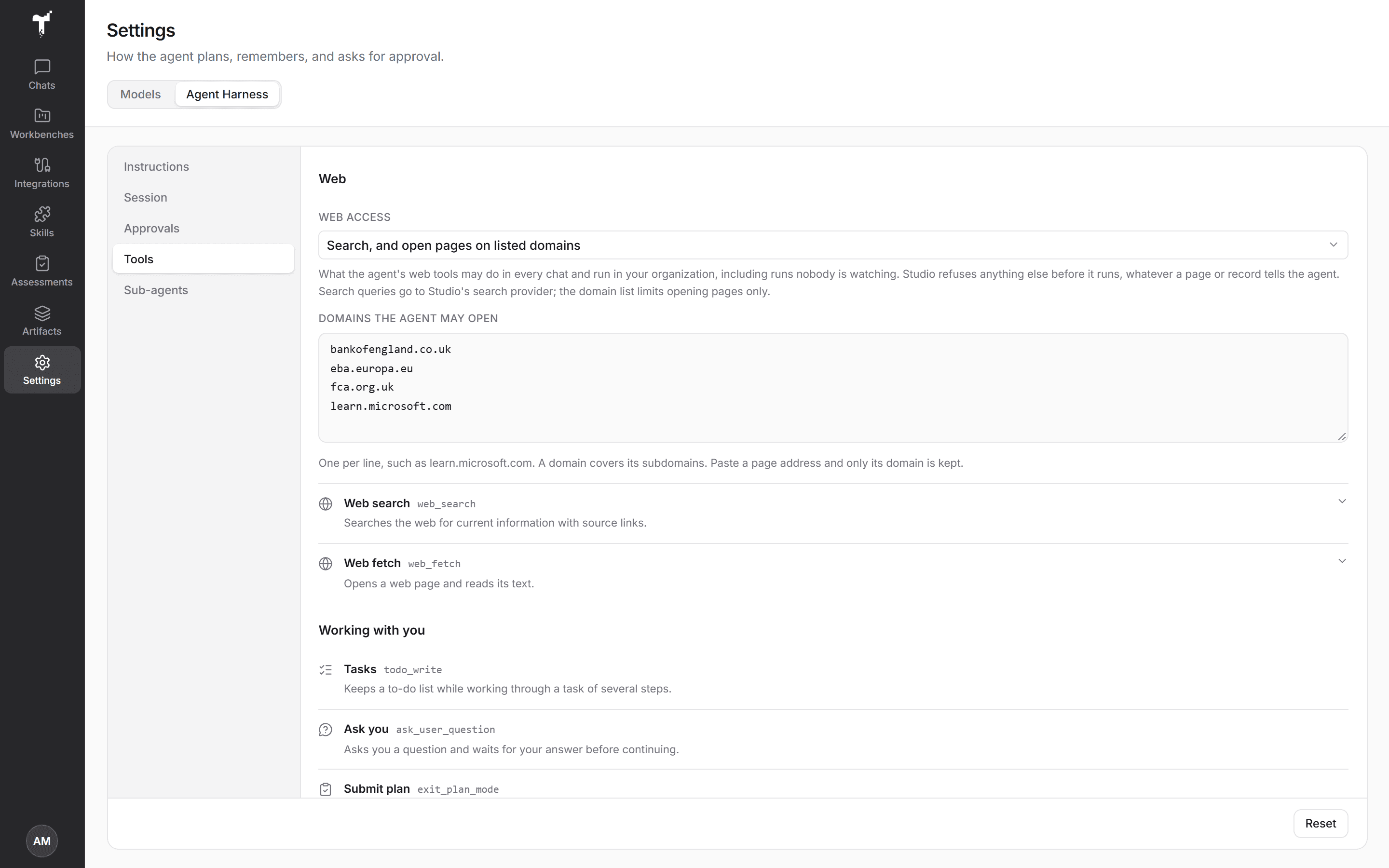 Settings → Agent Harness → Tools